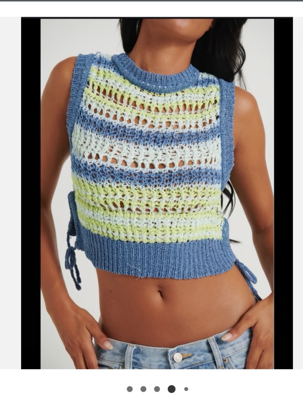 ZARA Blue Knit Openwork Sweater with Lime Accents